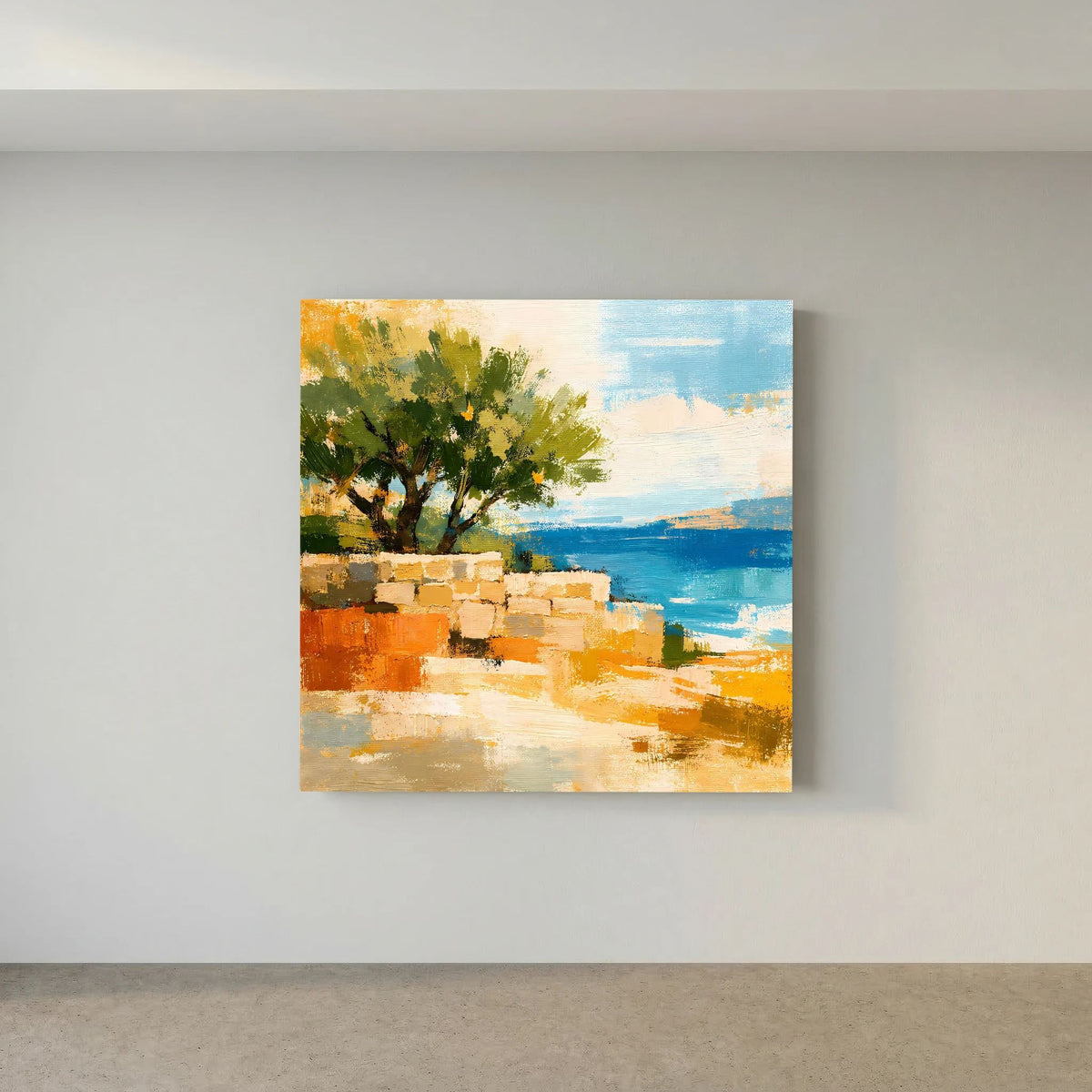 Quadratisches Leinwand-Wandbild an der Wand: Baumkrone in Grün, orangefarbenes Ufer, blau.