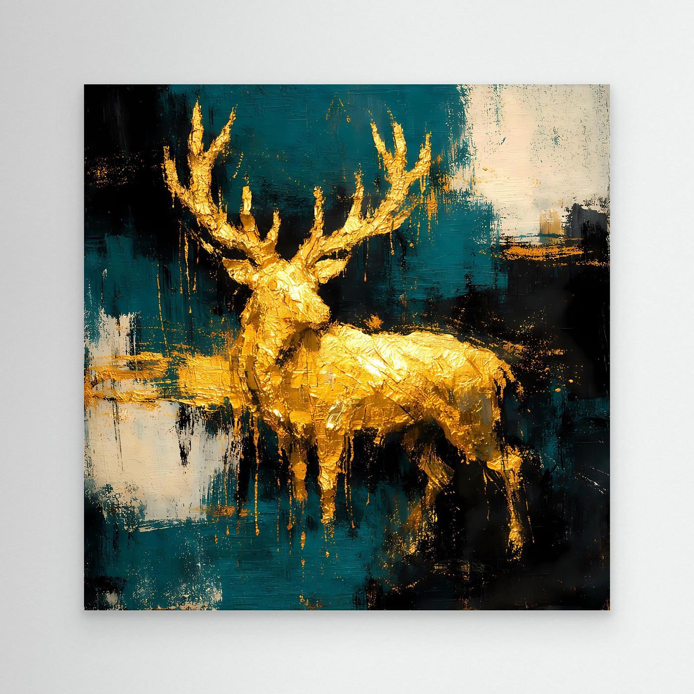 Leinwand Goldener Hirsch in abstrakter Landschaft | Modernes Edel-Tier Wandbild