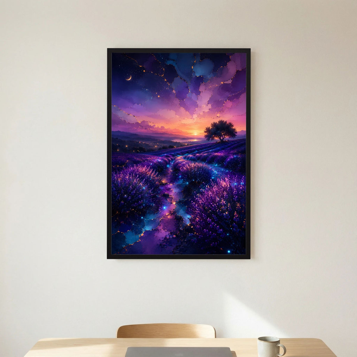 Hochformat-Poster mit Lavendelfeld, violett-blauer Glühoptik und Sonnenuntergang, schwarzer Rahmen