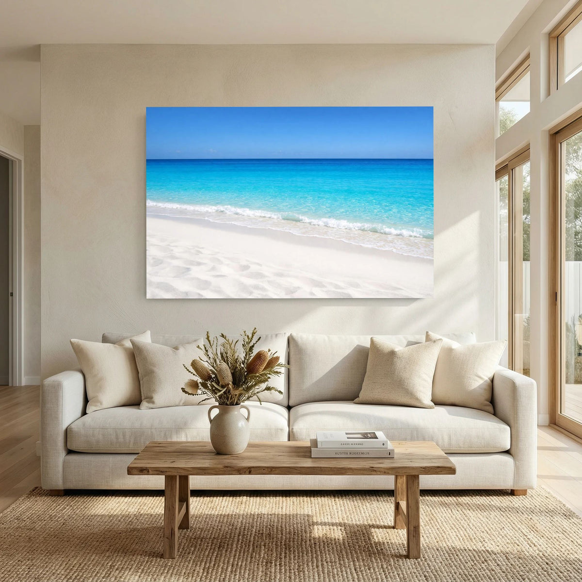 Wandbild Meerblick mit türkisblauem Horizont, hellem Sandstrand und blauem Rand, Querformat