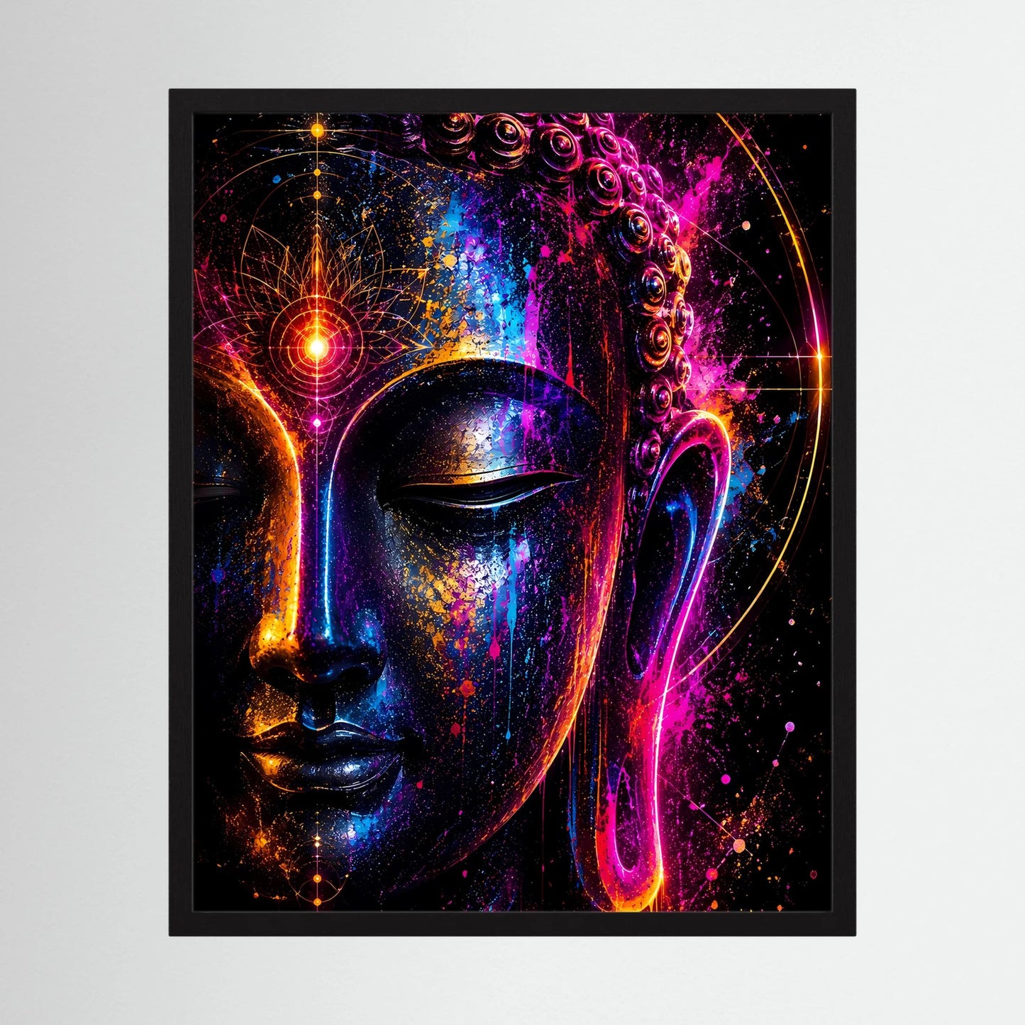 Abstraktes Buddha-Gesicht-Neonposter, gelb-blau-magenta Akzente, im schwarzen Rahmen