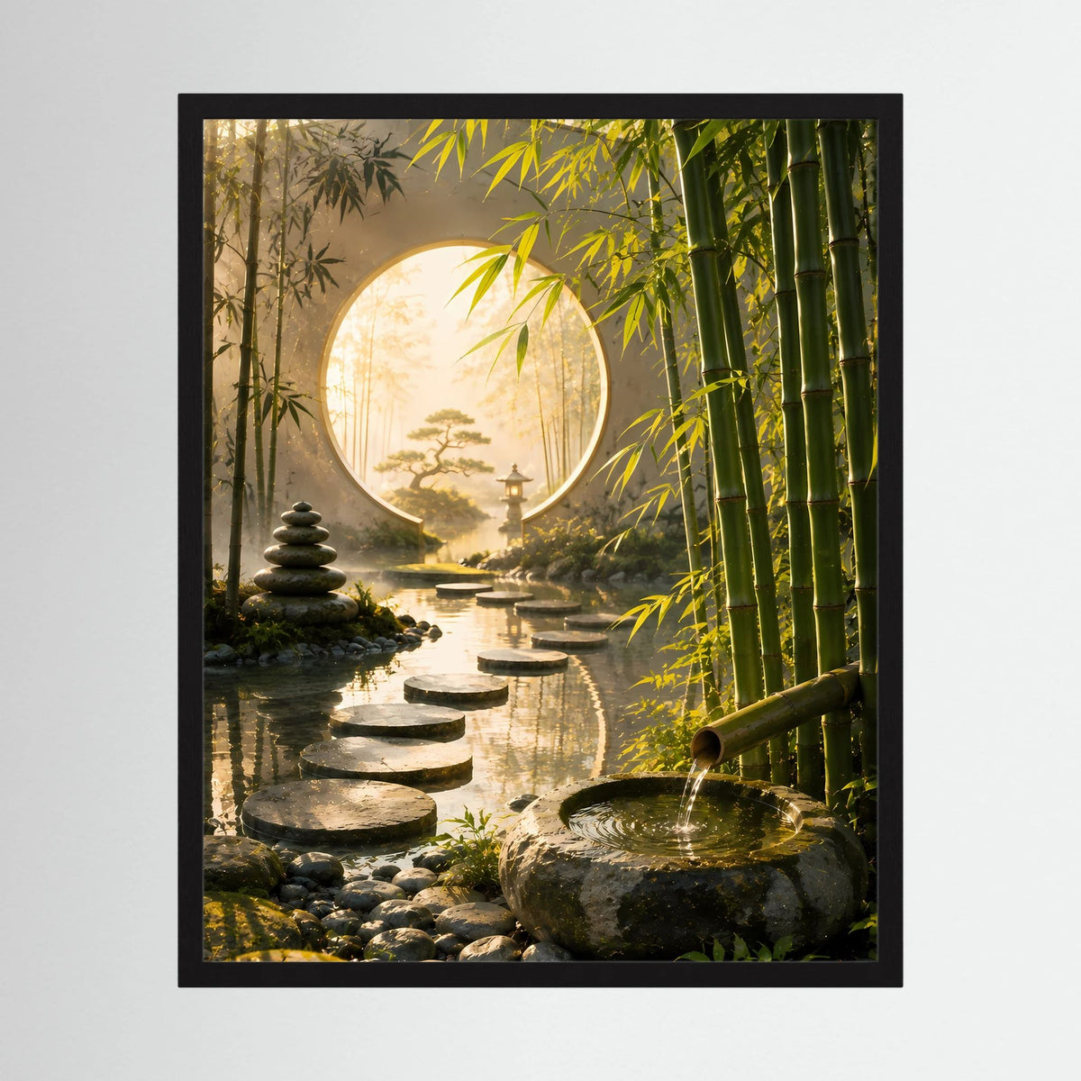 Zen-Garten-Poster im Hochformat mit schwarzem Rahmen: rundes Mondtor und Bambus