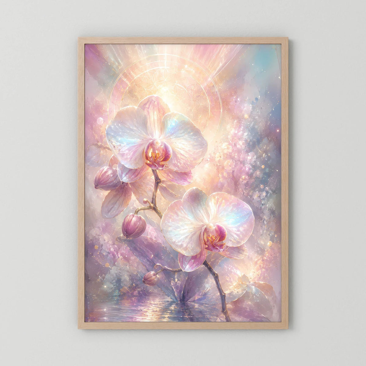Orchideen-Pastellposter im hellbraunen Rahmen, leuchtender Blütenhintergrund
