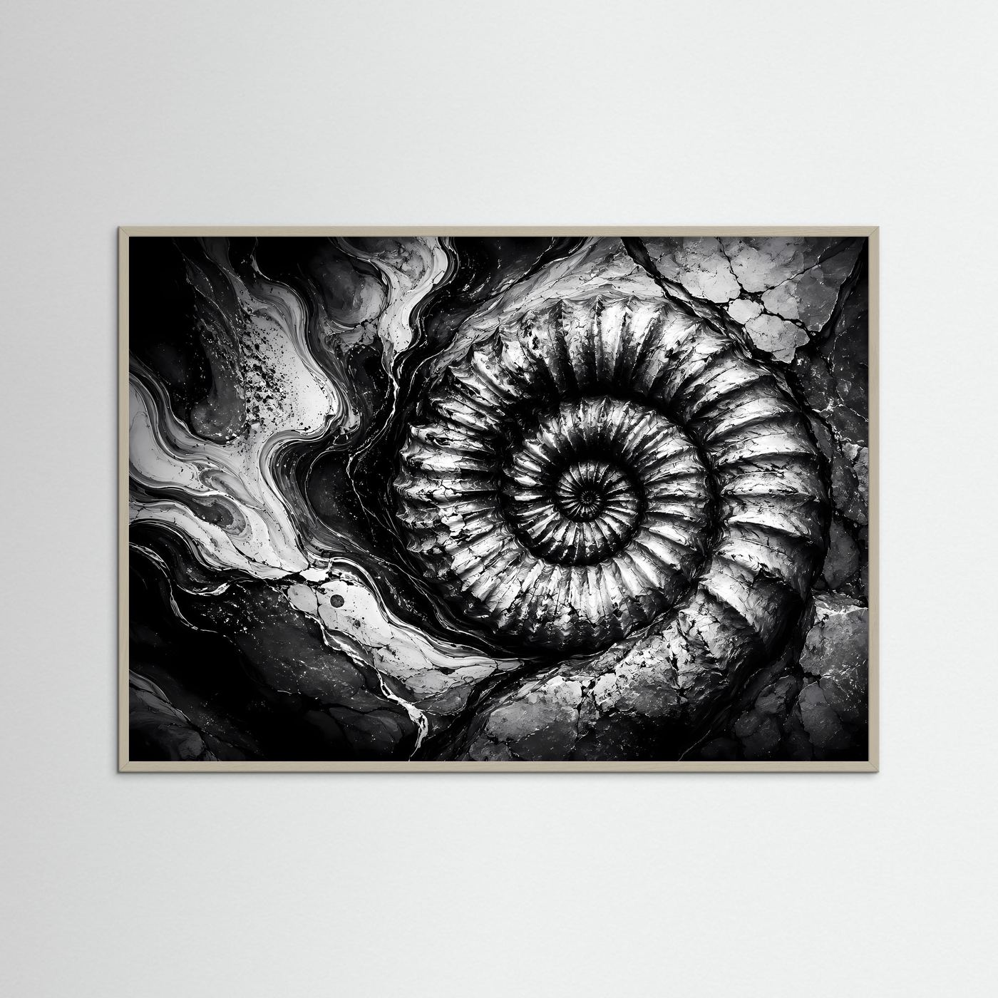 Ammonit Fossil Schwarz Weiß Poster | Geologische Wandkunst | Makro Fossilien Kunst | Monochrome Natur Fotokunst | Moderne Leinwand