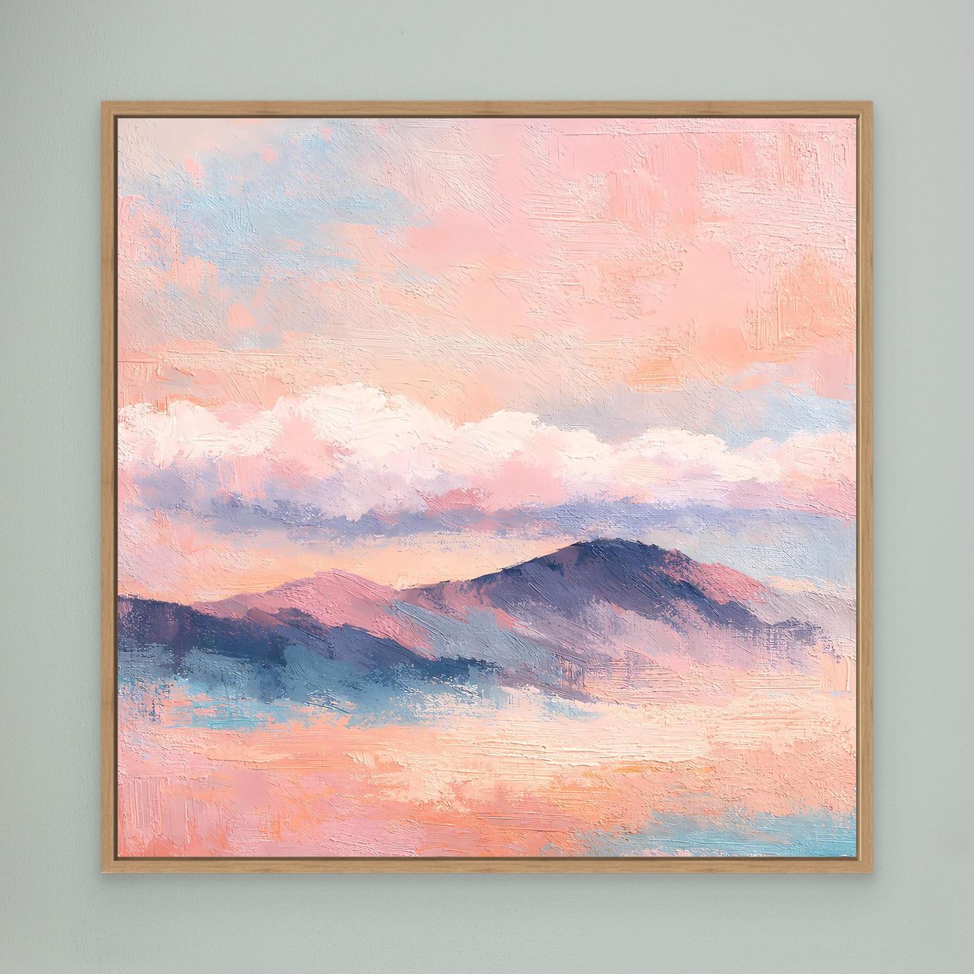 Leinwand-Wandbild mit pastellfarbenen Bergen und Sonnenuntergangshimmel im Holzrahmen