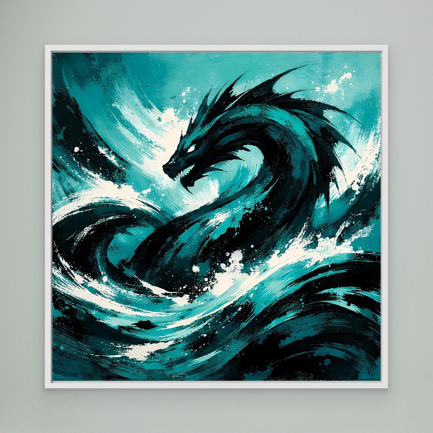 Wandbild mit Seeungeheuer in türkisblauer Welle, weißer Rahmen