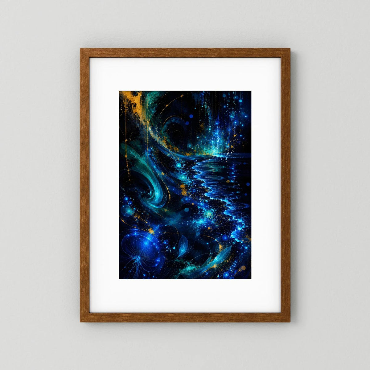 Poster im Hochformat mit abstrakten blauen Wellen und goldenen Akzenten, Eichenrahmen.