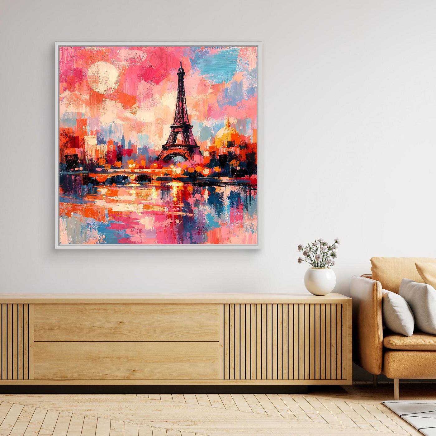 Abstraktes Leinwandbild mit Eiffelturm und Seine-Reflexion, silberner Rahmen