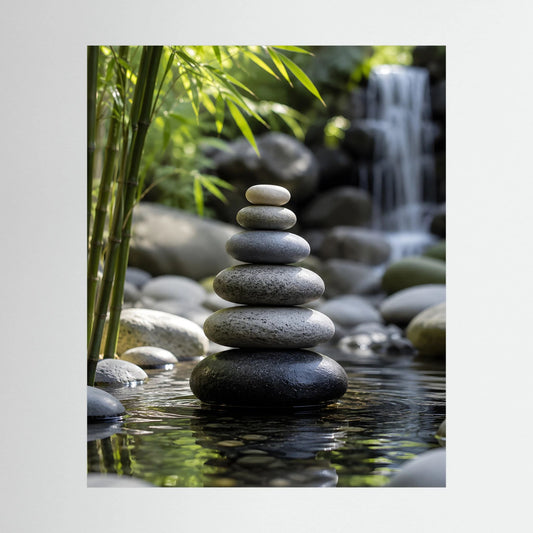Hochformatiges Kunstposter mit gestapelten Steinen im Zen-Garten, Bambus und Wasserfall