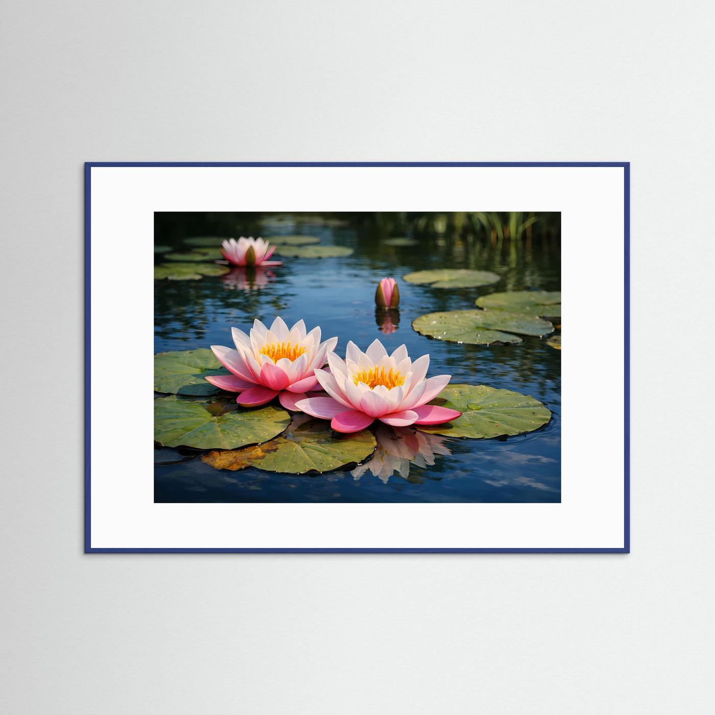 Naturposter mit rosa und weißen Seerosen auf ruhigem Teich, blauer Rahmen