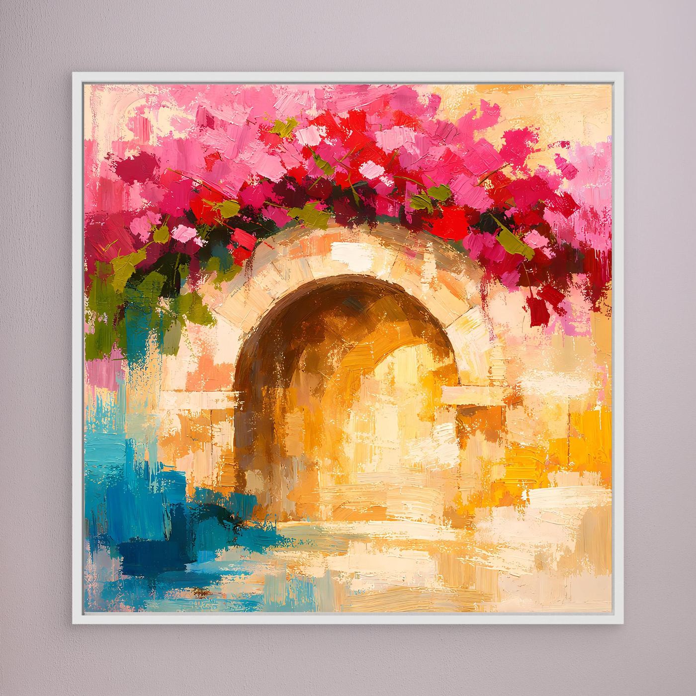 Leinwand Abstrakter Torbogen mit Bougainvillea | Modernes Mediterranes Wandbild Italien