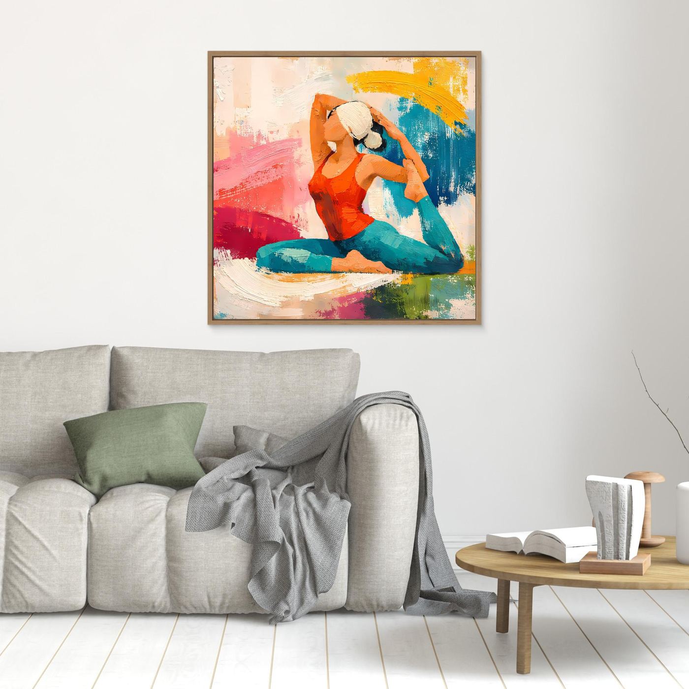 Leinwand-Wandbild: abstrakte meditierende Frau, Orange-Blau-Rot, mit hellem Holzrahmen