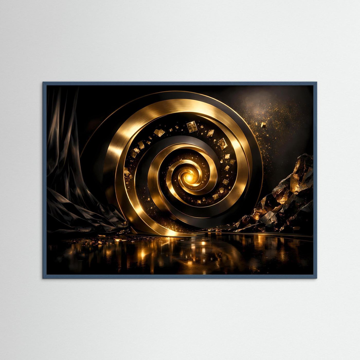 Goldenes Wandbild mit 3D-Spirale, blauer Rahmen