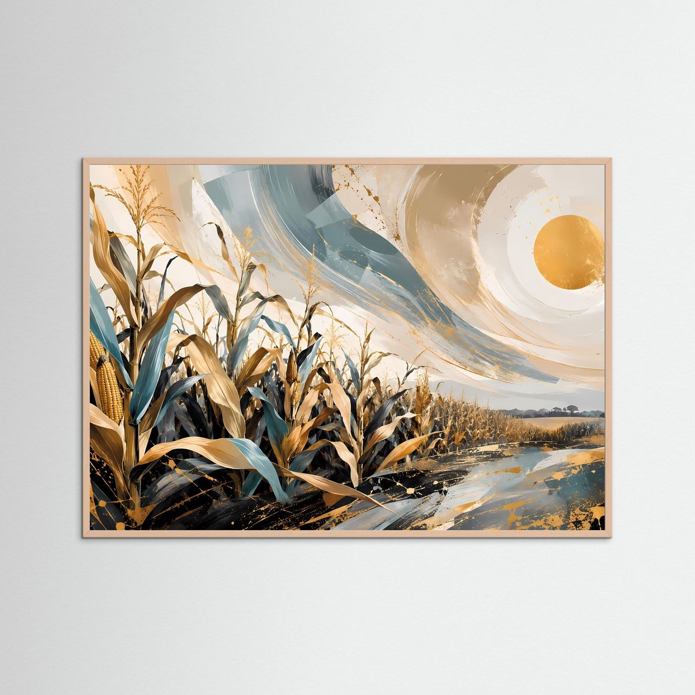 Maisfeld Poster | Abstrakte Landschaft Wandbild | Gold Blau Naturkunst | Modernes Feld Panorama | Eleganter Kunstdruck