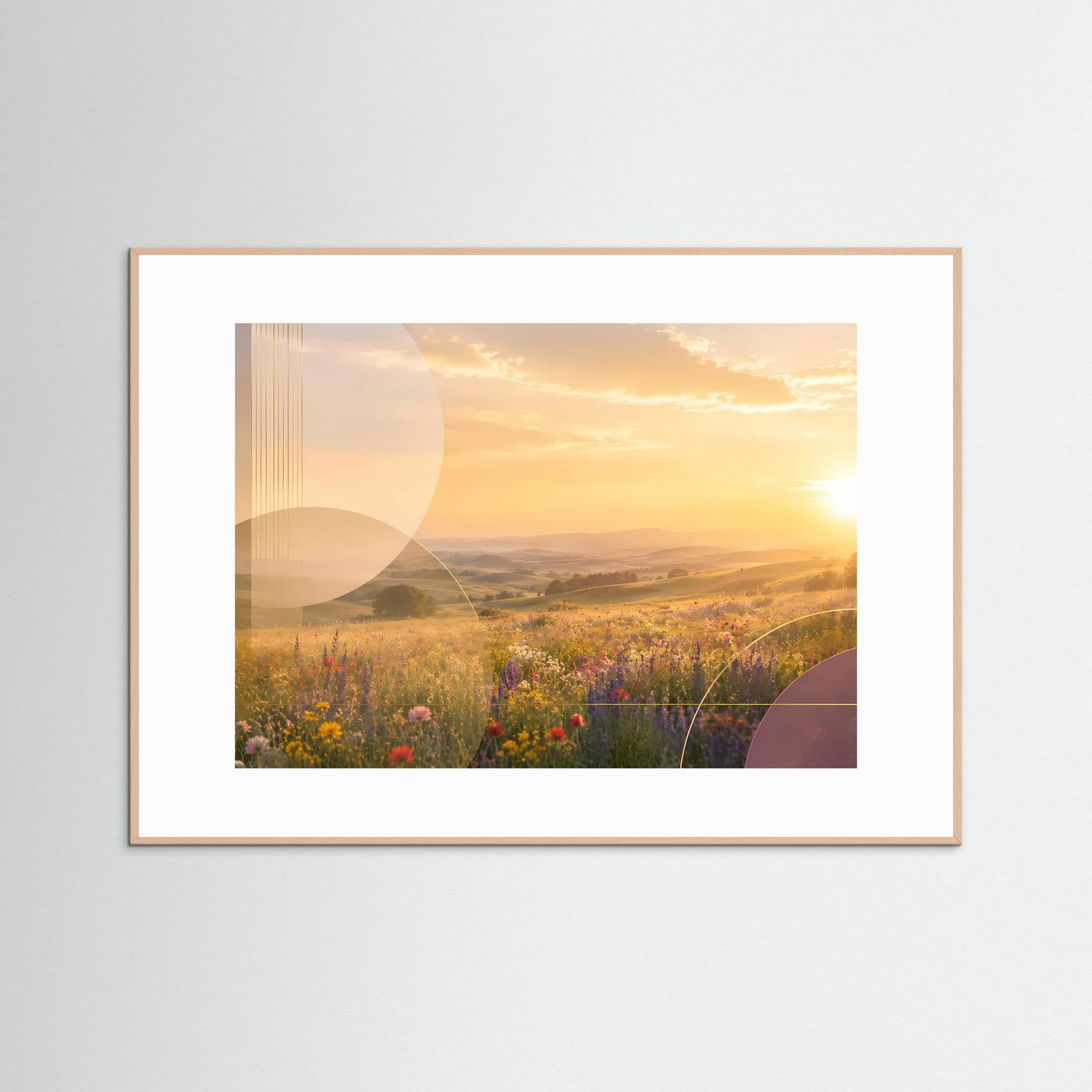 Blühende Sommerwiese im Goldenen Sonnenuntergang | Romantische Landschaft mit Wildblumen, sanften Hügeln und warmem Abendlicht | Moderne Natur Wandkunst im Querformat