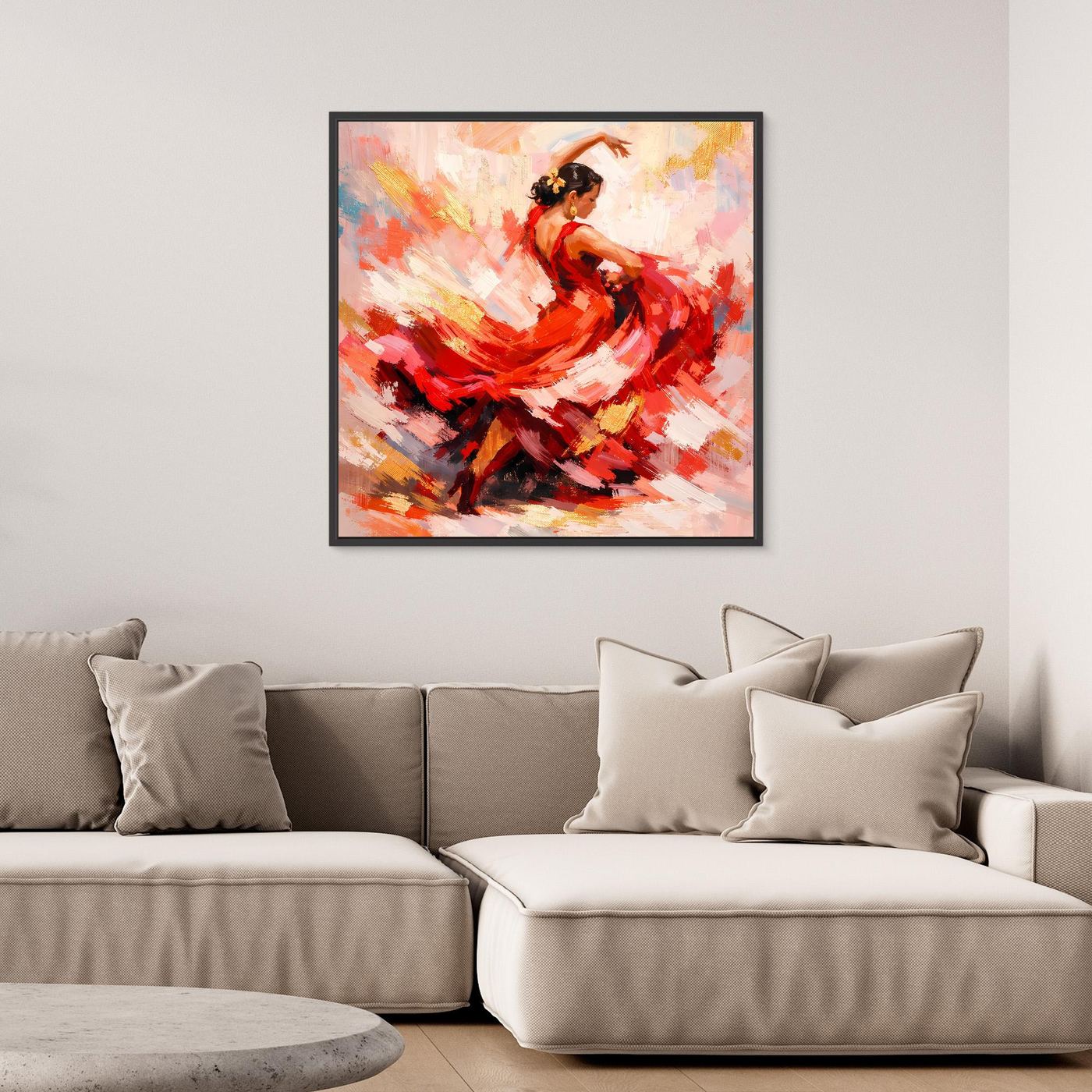 Leinwandbild Flamenco-Tänzerin, rotes Outfit, mit schwarzem Rahmen