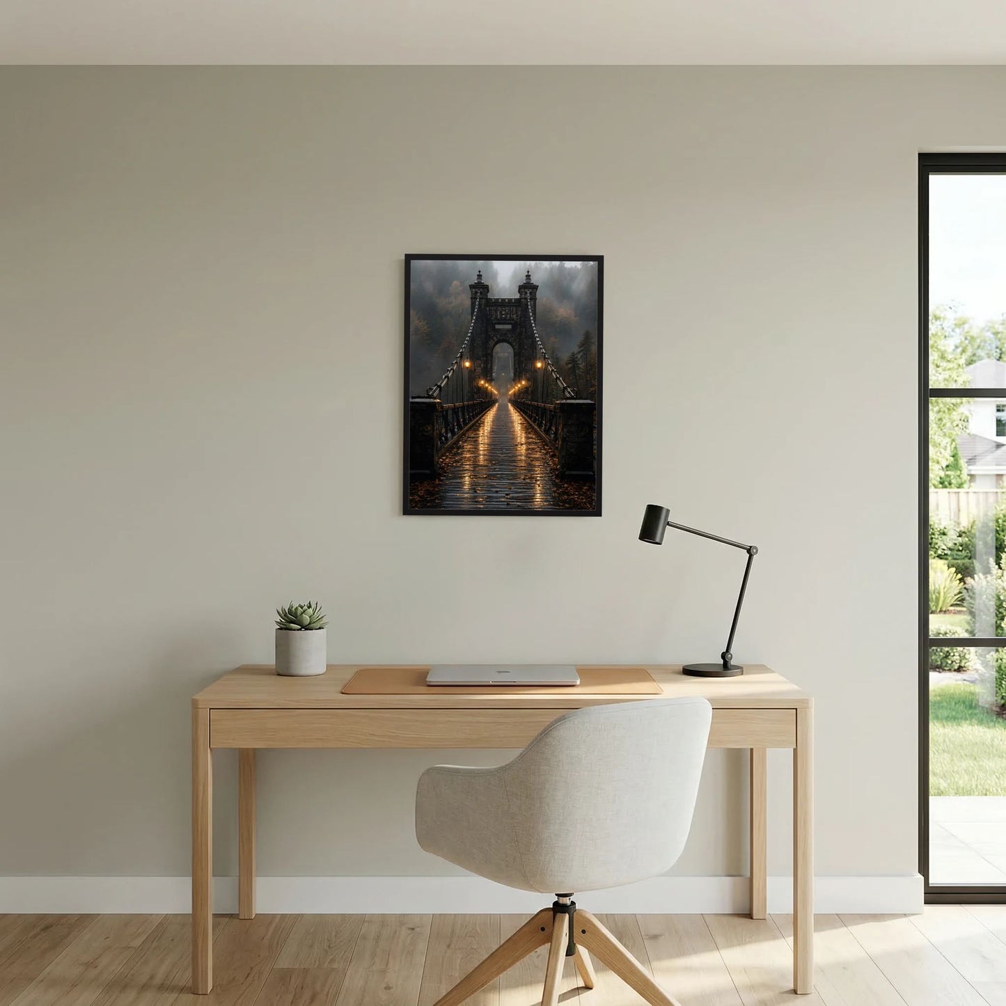 Hochformat-Poster: Hängebrücke bei Nacht mit goldenen Reflexen und Laternen