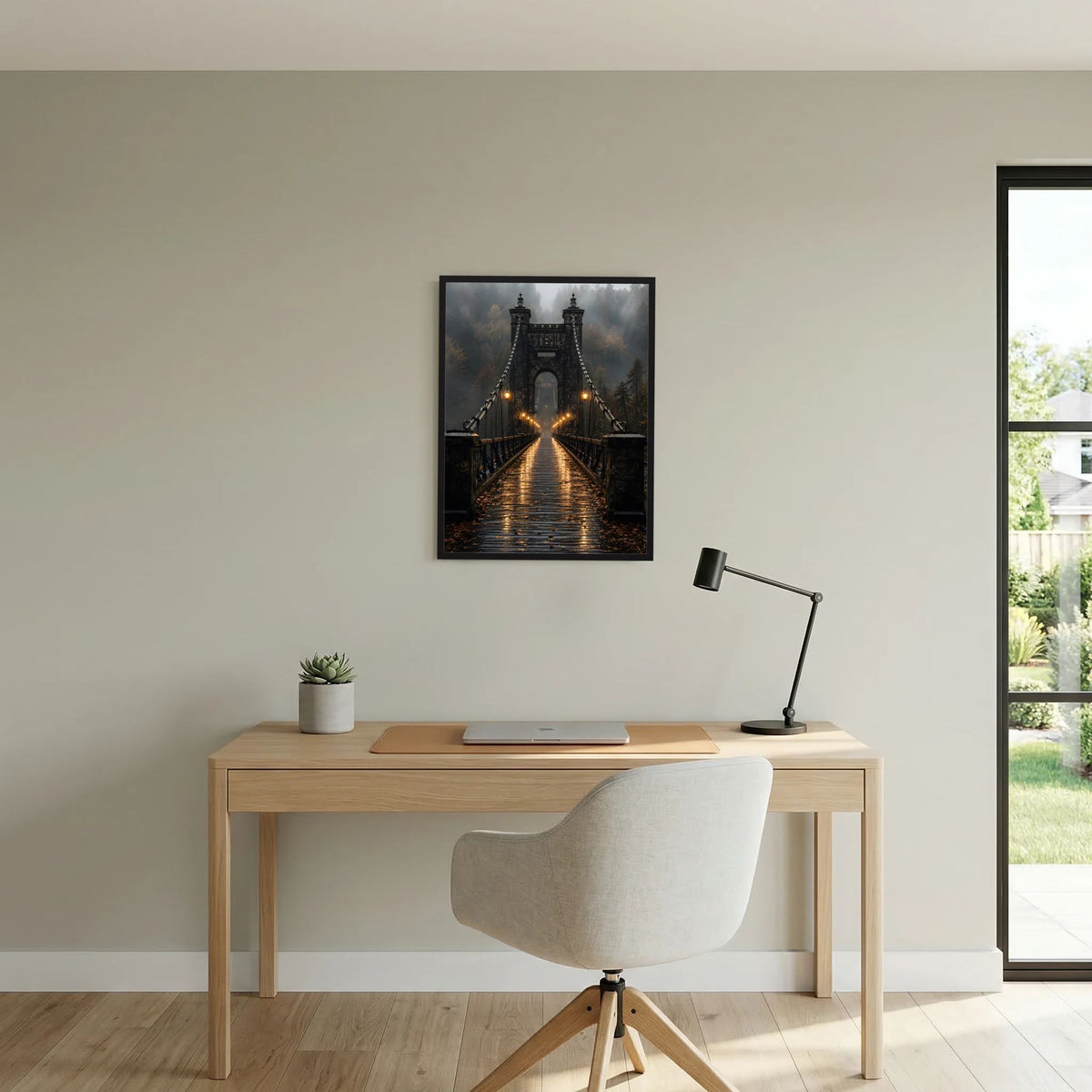 Hochformat-Poster: Hängebrücke bei Nacht mit goldenen Reflexen und Laternen
