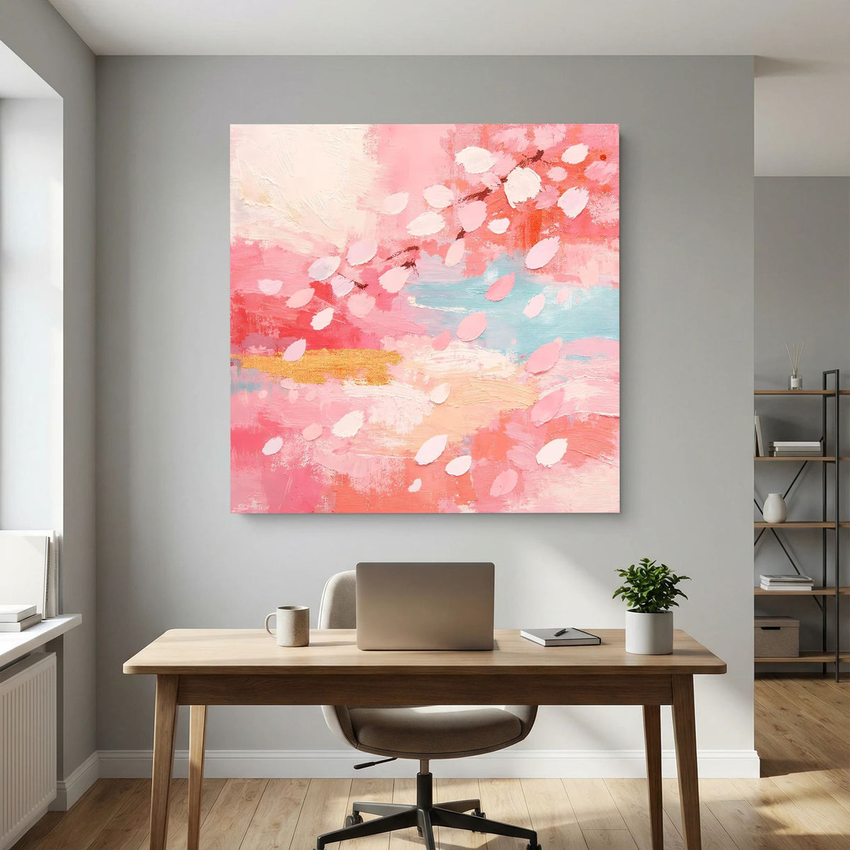 Quadratisches Leinwand-Wandbild mit abstrakten Kirschblüten in Pastellrosa, Blau und Creme