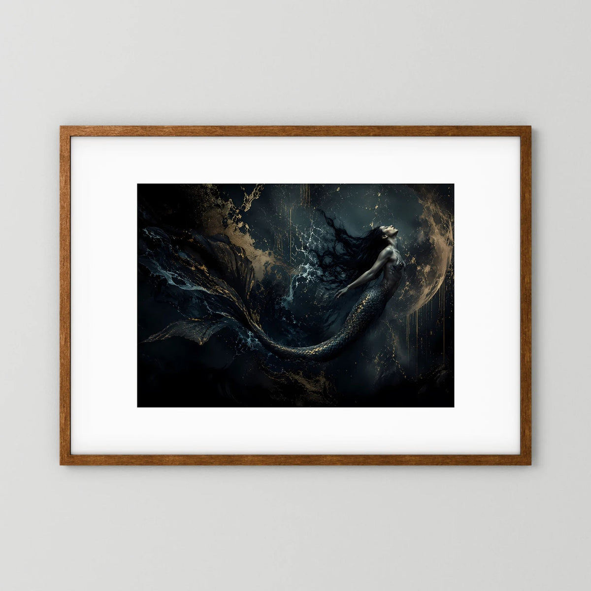 Fantasy-Meerjungfrau-Wandbild, brauner Holzrahmen, goldene Akzente, quer