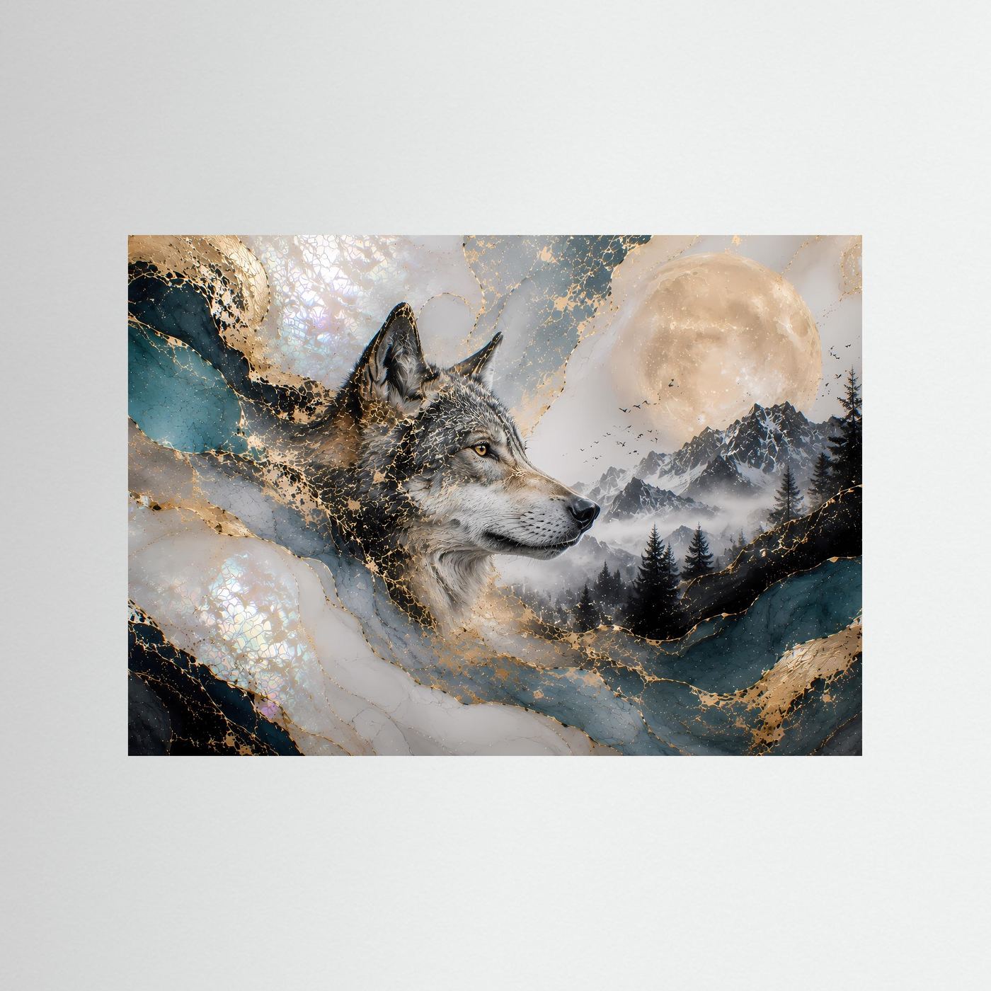 Querformat-Poster: Wolfkopf im Mondlicht über verschneiter Gebirgslandschaft