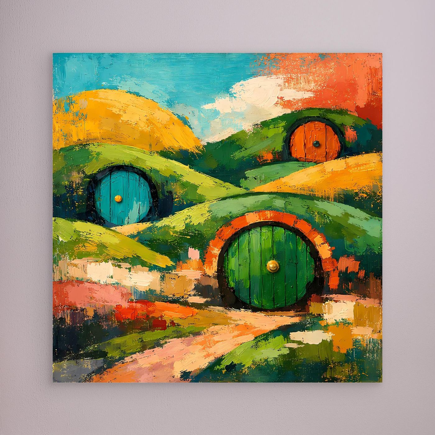 Leinwand-Wandbild mit abstrakter Hügellandschaft, grünen Türen, türkis-gelbem Himmel und bunten Hügeln