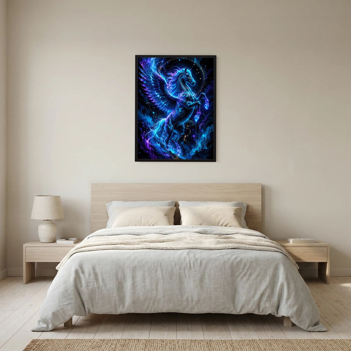 Quadratisches Poster mit Pegasus im neonblauen Leuchten, schwarzer Rahmen