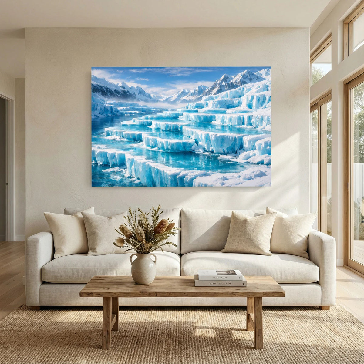 Querformat-Wandbild mit Gletscherlandschaft im Eismeer, türkisblaues Eis und Berge