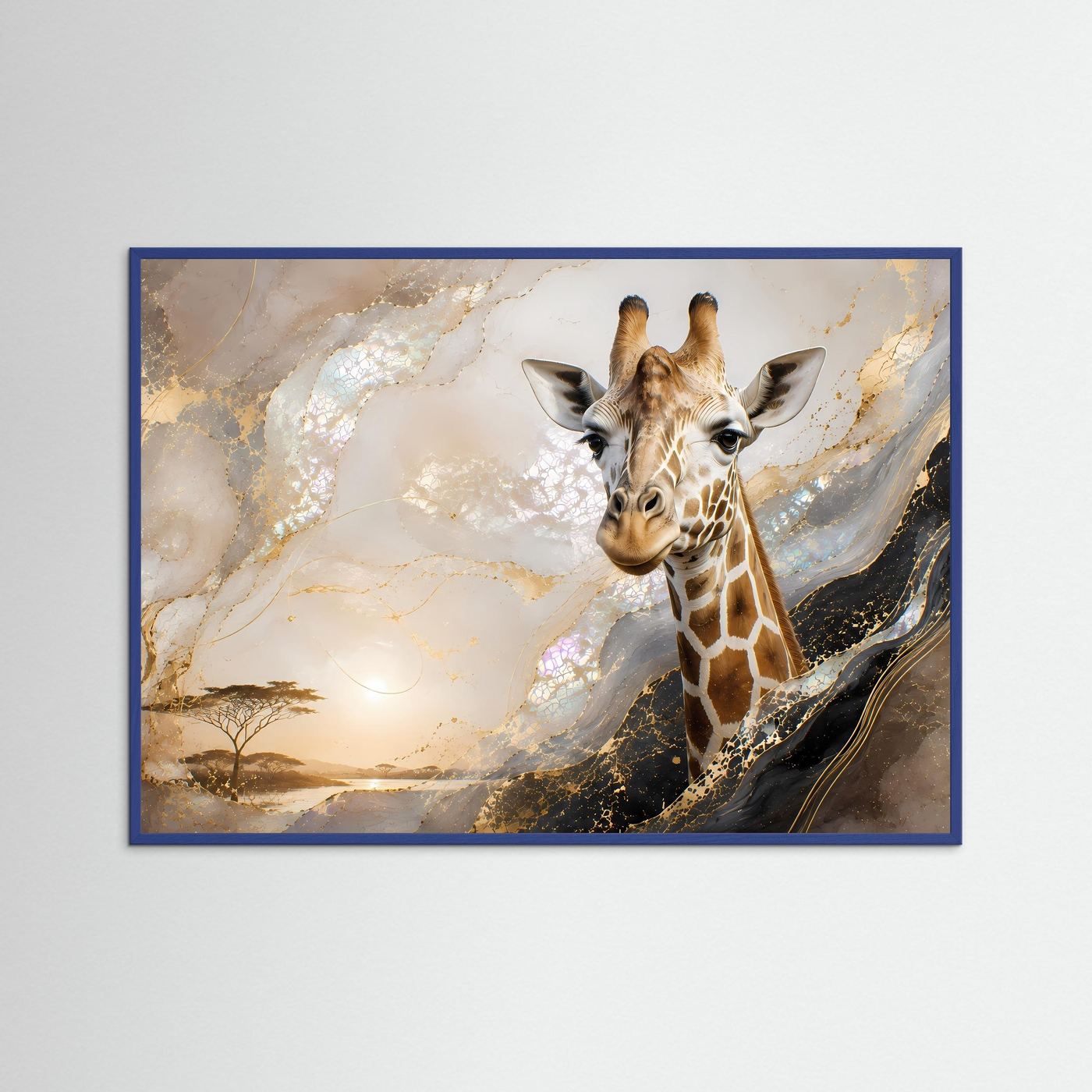Abstrakte Safari-Wandkunst mit Giraffenmotiv, blauer Rahmen, Gold-Perlmutt-Töne