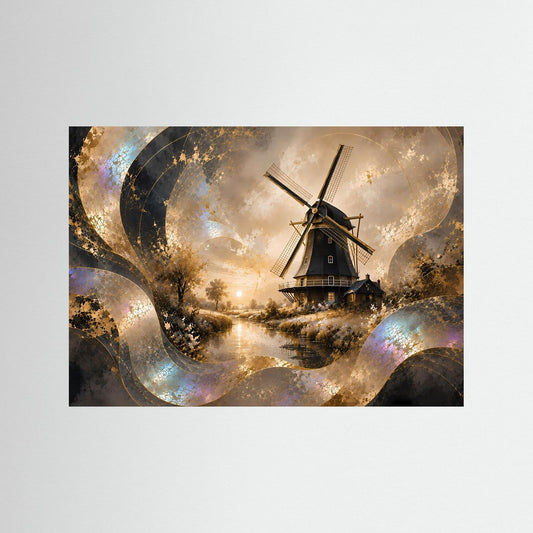 Querformat-Poster mit Windmühle am Wasser in Gold- und Perlmuttoptik