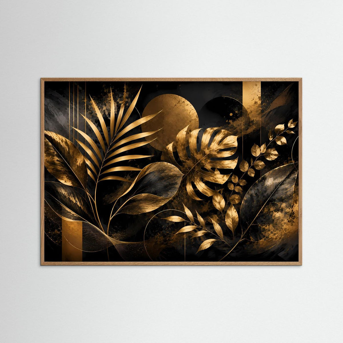 Querformat-Poster mit abstrakten Pflanzenblättern, Schwarz-Gold, im hellen Eichenrahmen