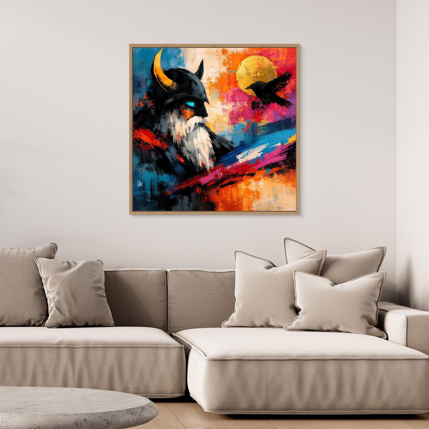 Abstraktes Leinwand-Wandbild von Odin mit Rabe, mit schwarzem Rahmen