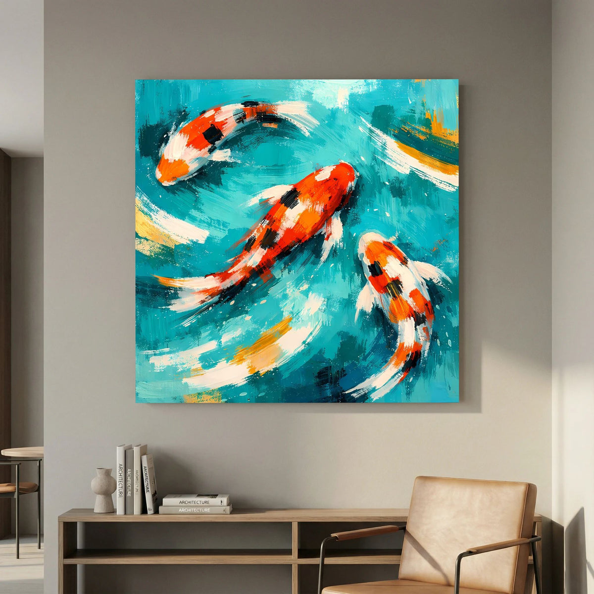 Wandbild mit drei Koi-Karpfen auf türkisgrünem Wasser, orange-weiße Körper, Keilrahmen