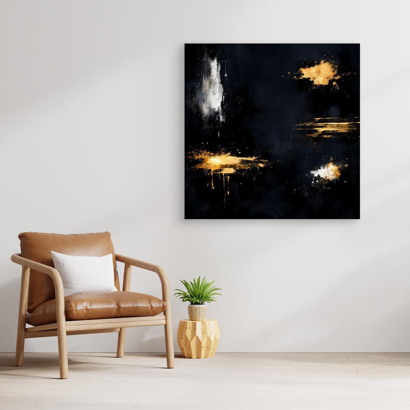 Leinwand Goldene Lichtakzente auf Schwarz | Modernes Abstraktes Minimalismus Wandbild