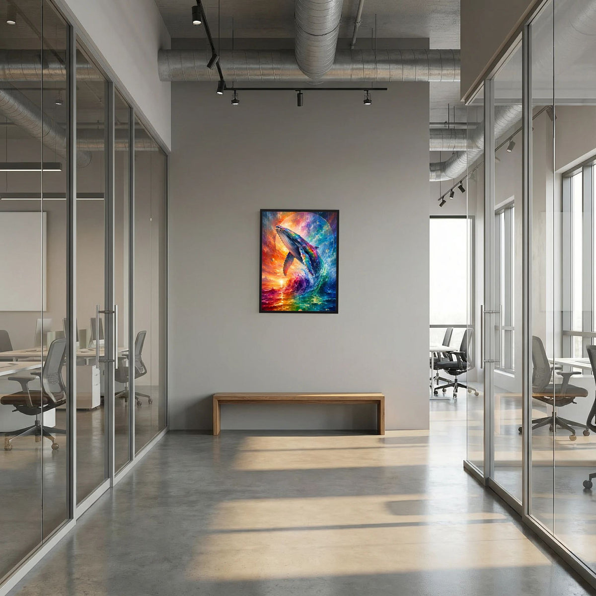 Kleines gerahmtes Poster an der Wand: abstrakter Regenbogen-Wal im Ozeanmotiv