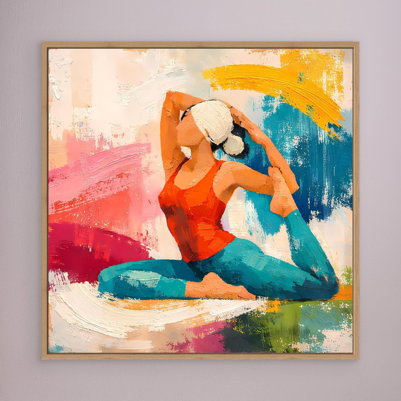 Leinwand-Wandbild: abstrakte meditierende Frau, farbig in Orange/Blau, mit Holzrahmen
