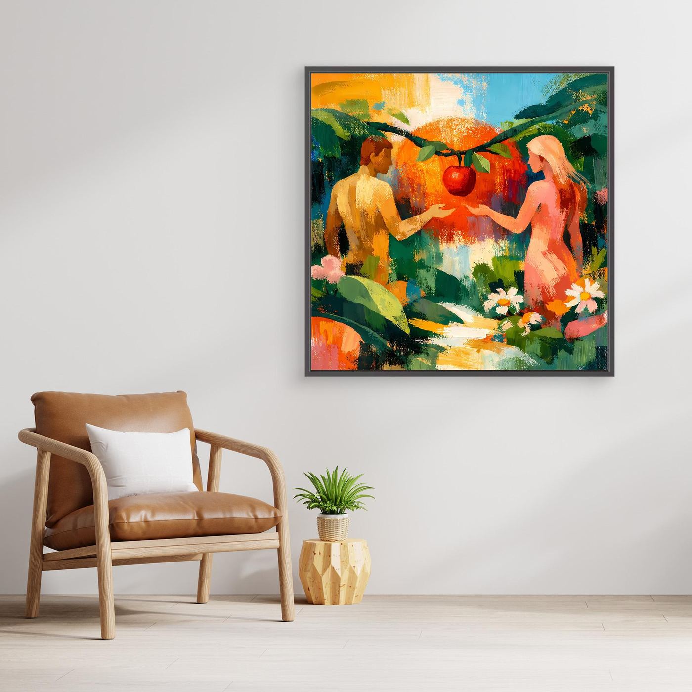 Square framed canvas wall art with stylized nude figures and a red fruit-like centerpiece in the garden