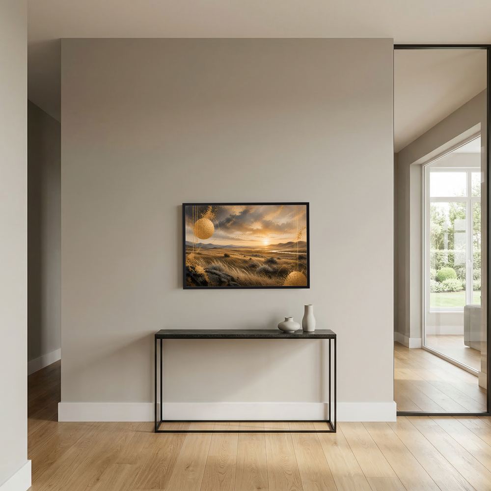 Wandbild-Poster im Querformat mit Steppenlandschaft bei Sonnenuntergang, schwarzer Rahmen