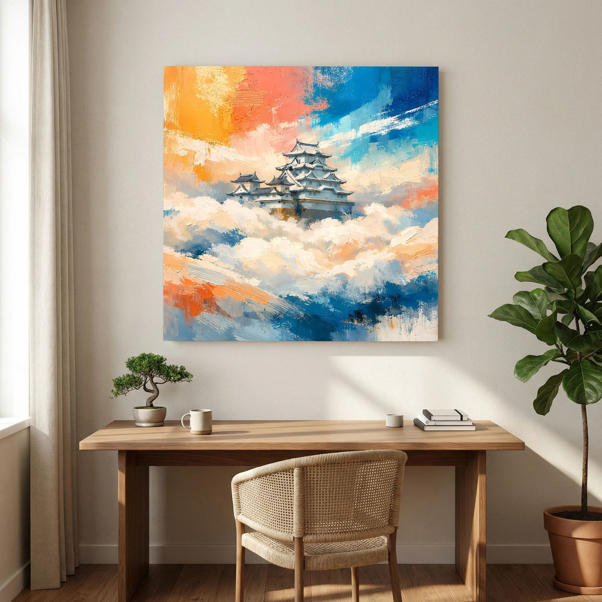 Leinwand-Wandbild mit japanischer Burg über Wolken, warme Orange- und kühle Blautöne