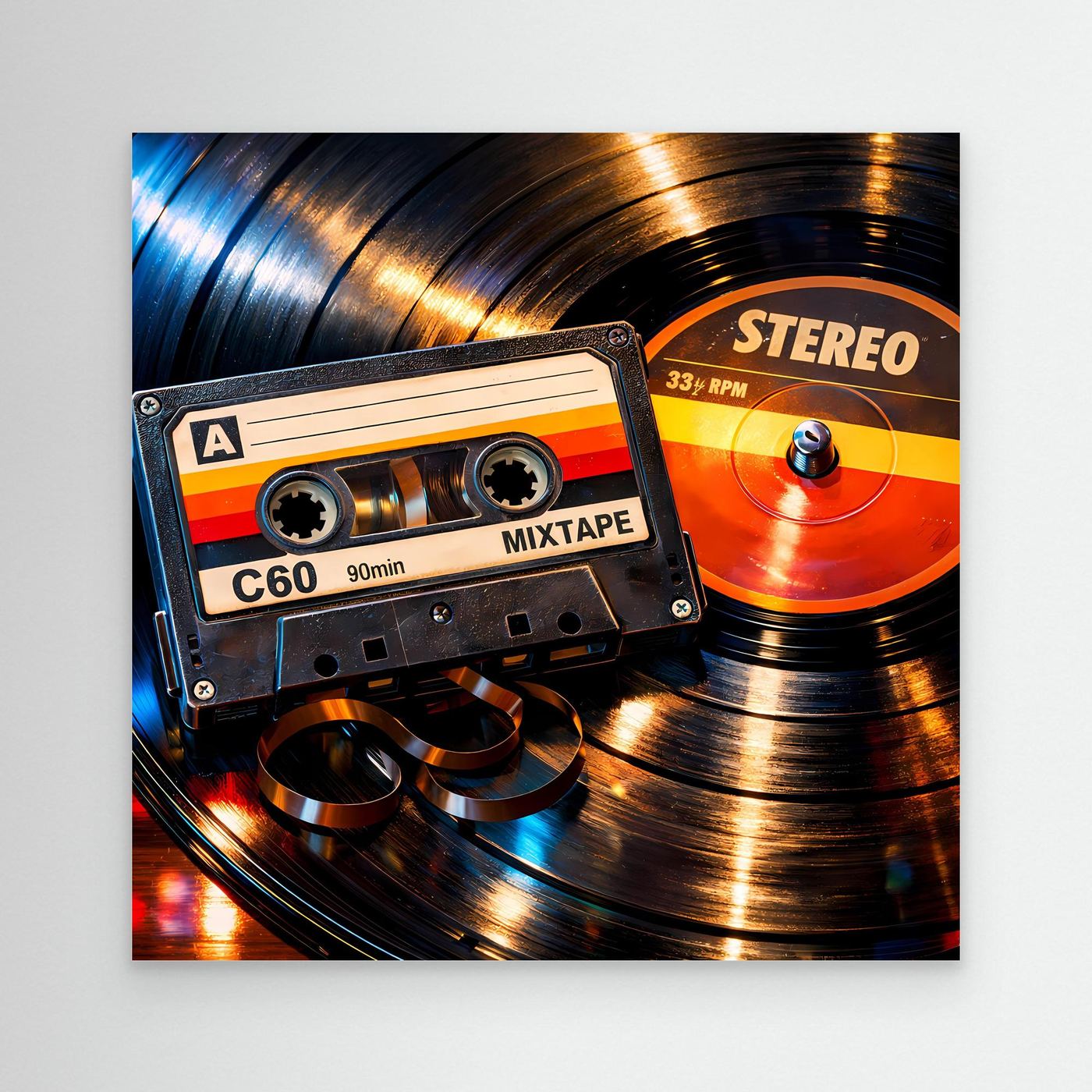 Leinwandbild mit Retro-Mix Tape und Schallplatte, orange/blau, ohne Rahmen