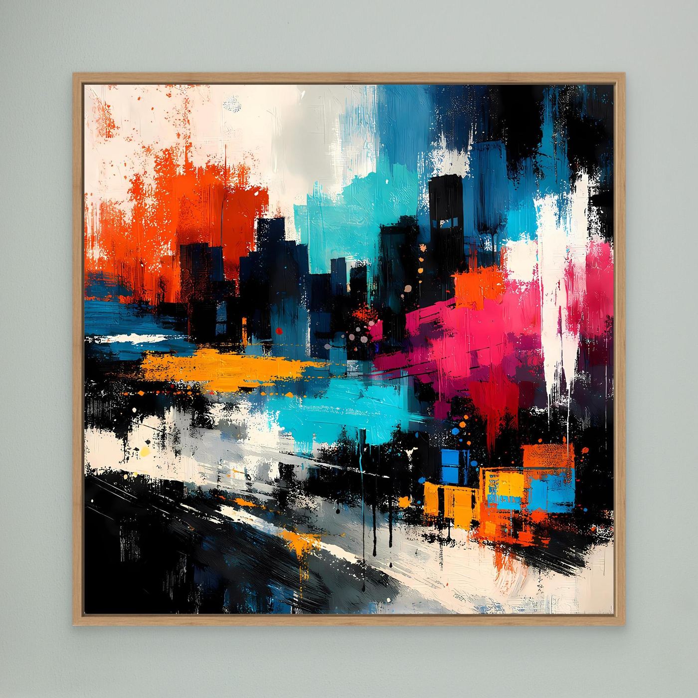 Abstract city skyline wall art with blue, orange, pink, and black paint, oak frame