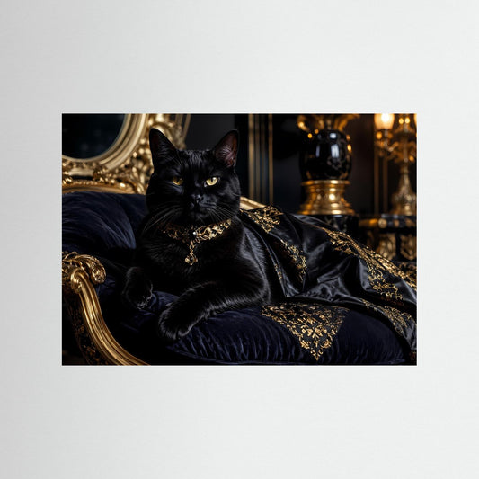 Schwarze Katze im Luxus-Poster, liegt auf Samt, mit goldener Schmuckkette und Umhang.