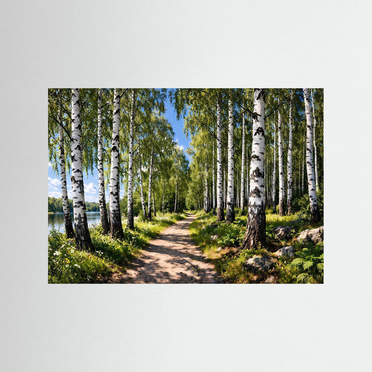 Querformat-Naturposter mit Birkenwaldweg am Seeufer, ohne Rahmen