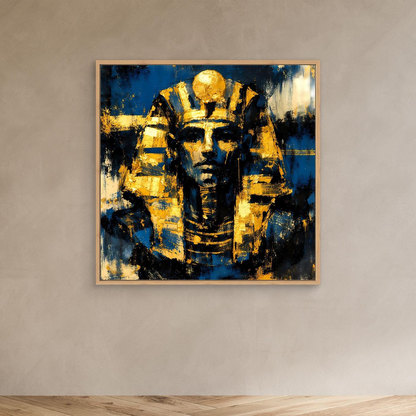 Leinwandbild mit Pharao-Porträt in Gold und Blau, Eichenholzrahmen
