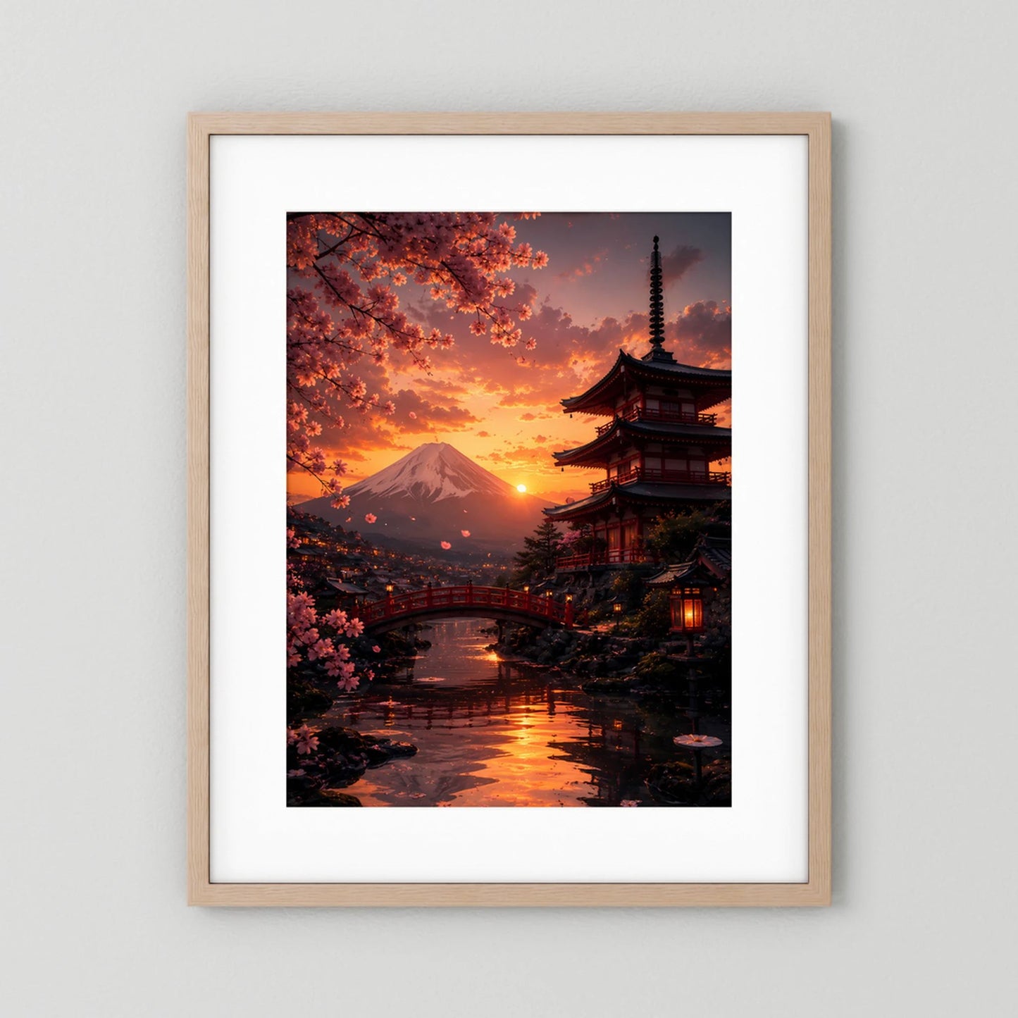 Hochformatiges Poster mit beigem Holzrahmen und weißer Passepartout, japanischer Tempel