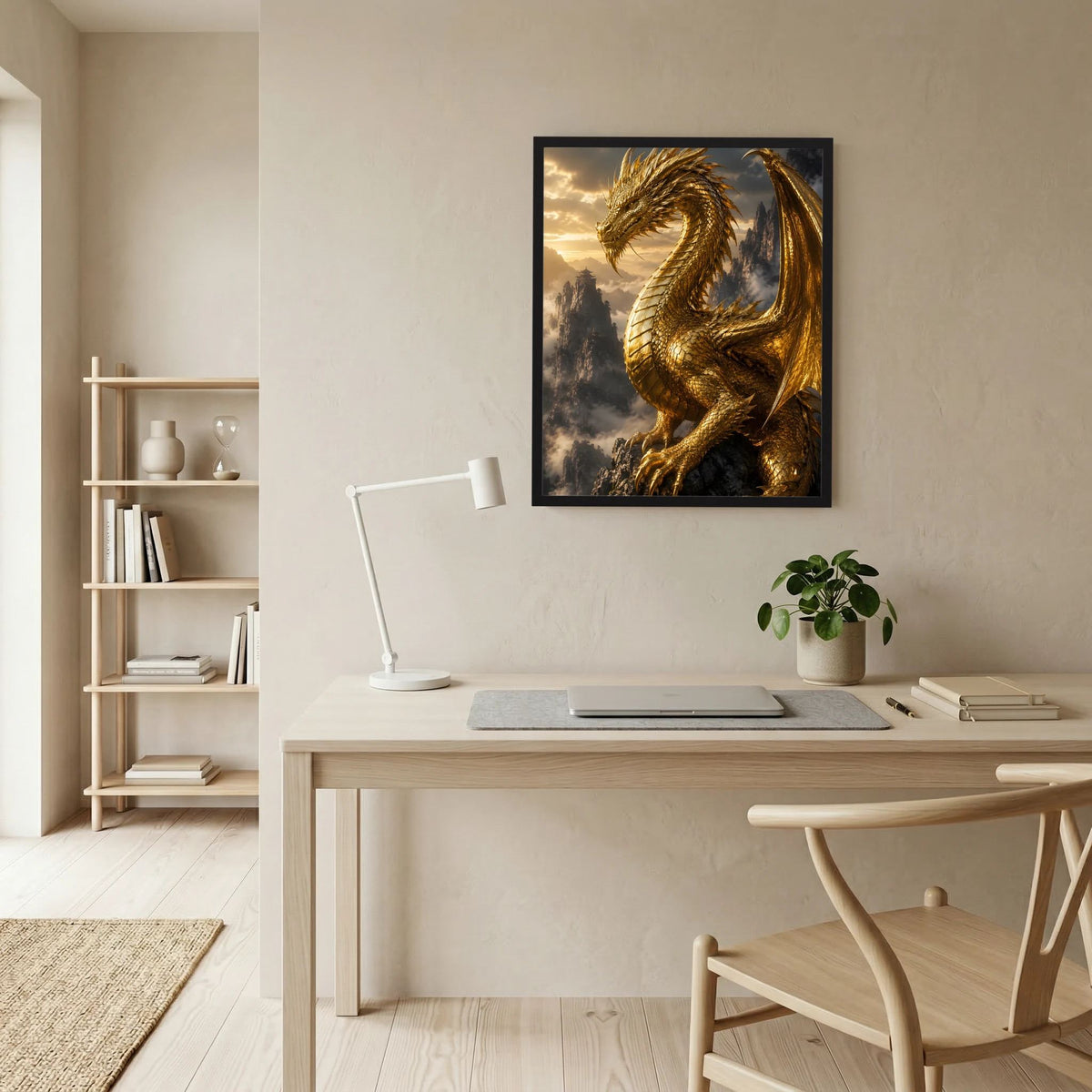 Hochformatiges Kunstposter mit goldenem Fantasy-Drache im schwarzen Bilderrahmen