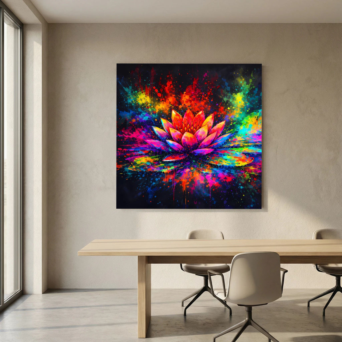 Abstraktes Lotusbild auf Keilrahmen mit bunten Spritzmustern, quadratisch.