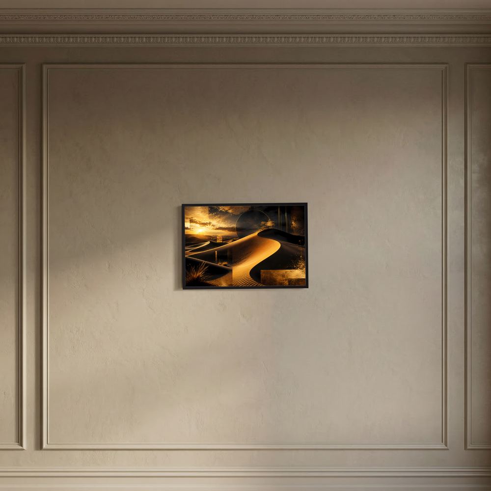 Wandposter mit goldener Wüstenlandschaft im dunklen Rahmen vor beiger Wand