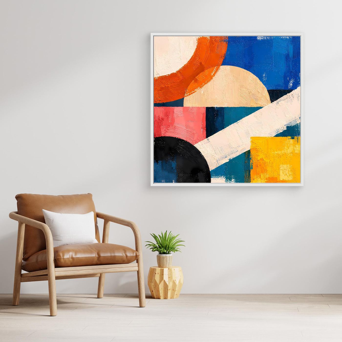 Framed abstract geometric canvas wall art with bold blue, orange and red shapes