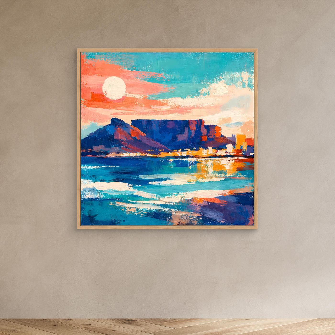Abstraktes Leinwandbild mit Sonne am Horizont, Bergsilhouette, Meer und Skyline im Eichenrahmen
